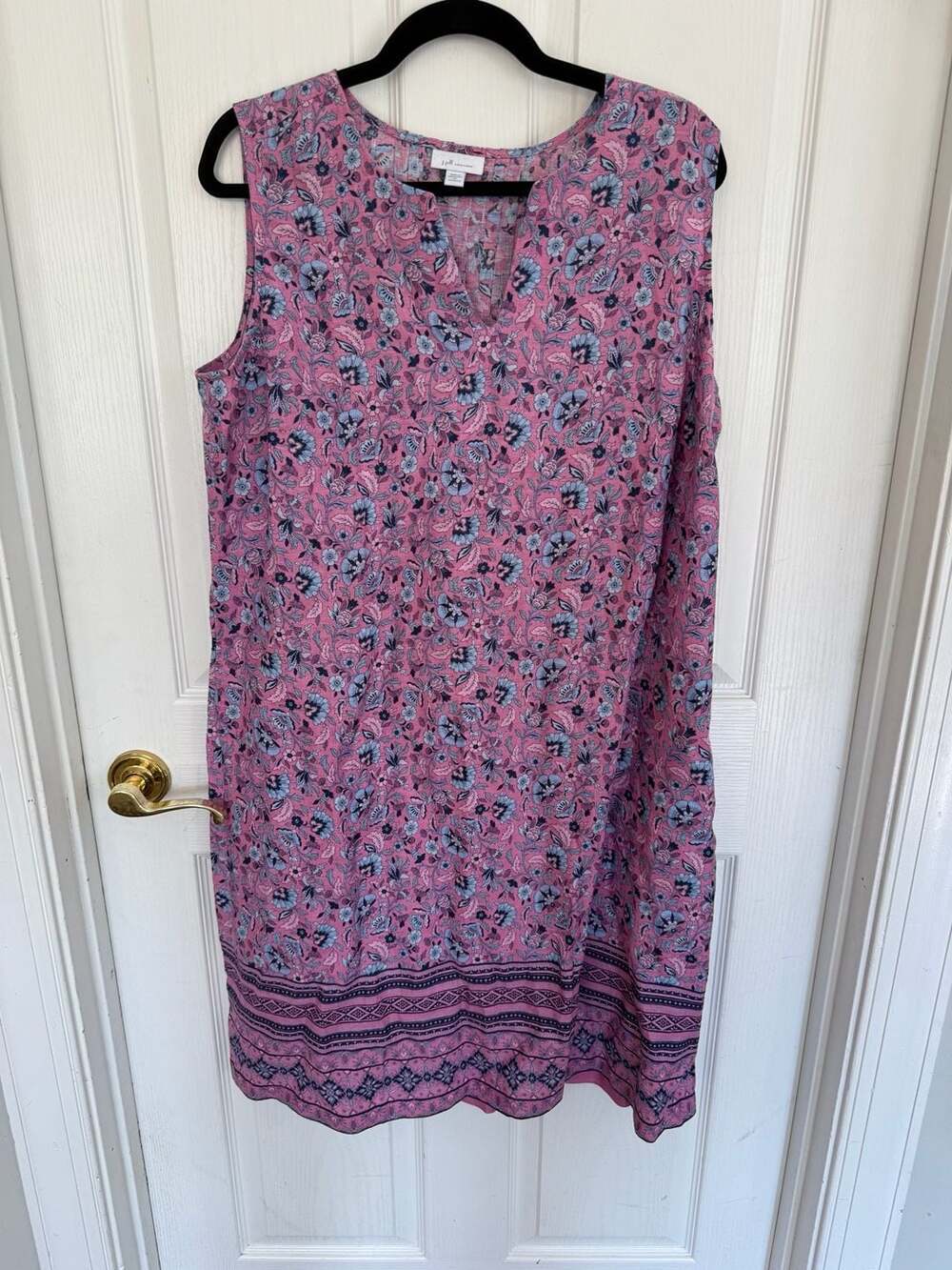 J. Jill Love Linen Sleeveless Pink Floral Border Print Shift Dress Size 1X